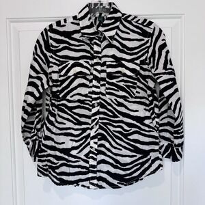 Lauren Ralph Lauren Petite Zebra Print Button Down Shirt‎ Black White P/P